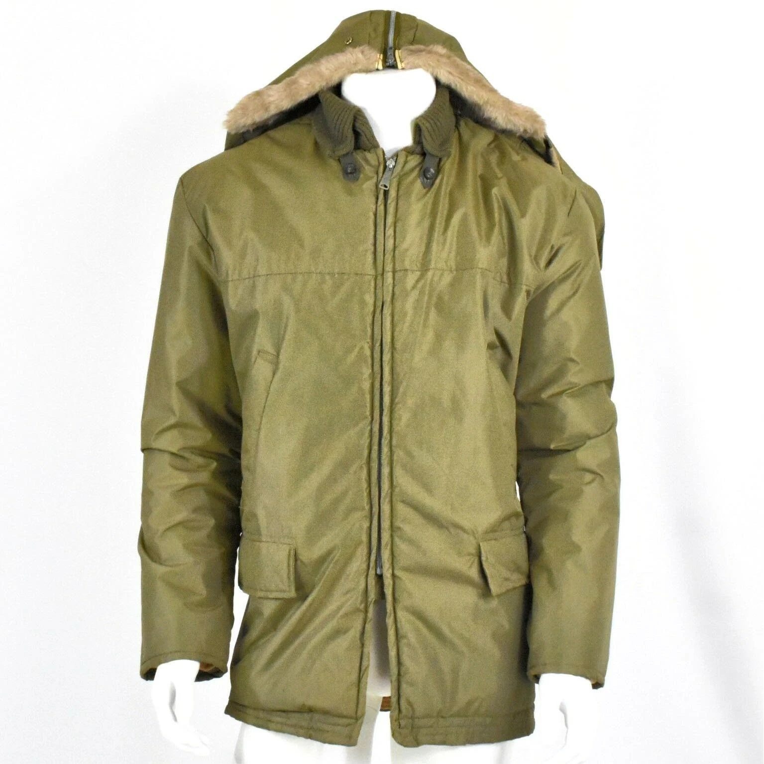 60s Vintage Olive Green Parka Mens L Faux Fur Hooded Utility Coat Quilted Lining